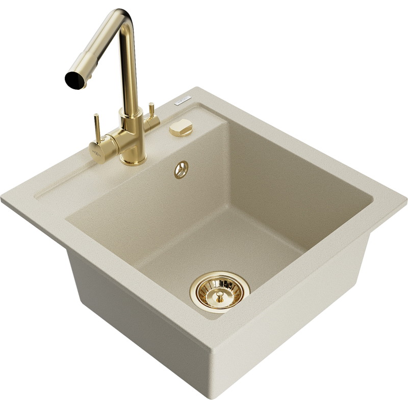 Mexen Vito 1-bowl granite sink with Duero kitchen faucet, beige - 6503-69-671600-50