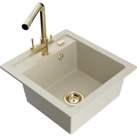 Mexen Vito 1-bowl granite sink with Duero kitchen faucet, beige - 6503-69-671600-50