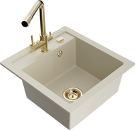 Mexen Vito 1-bowl granite sink with Duero kitchen faucet, beige - 6503-69-671600-50