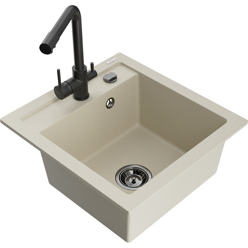 Mexen Vito 1-bowl granite sink with Duero kitchen faucet, beige - 6503-69-671600-70