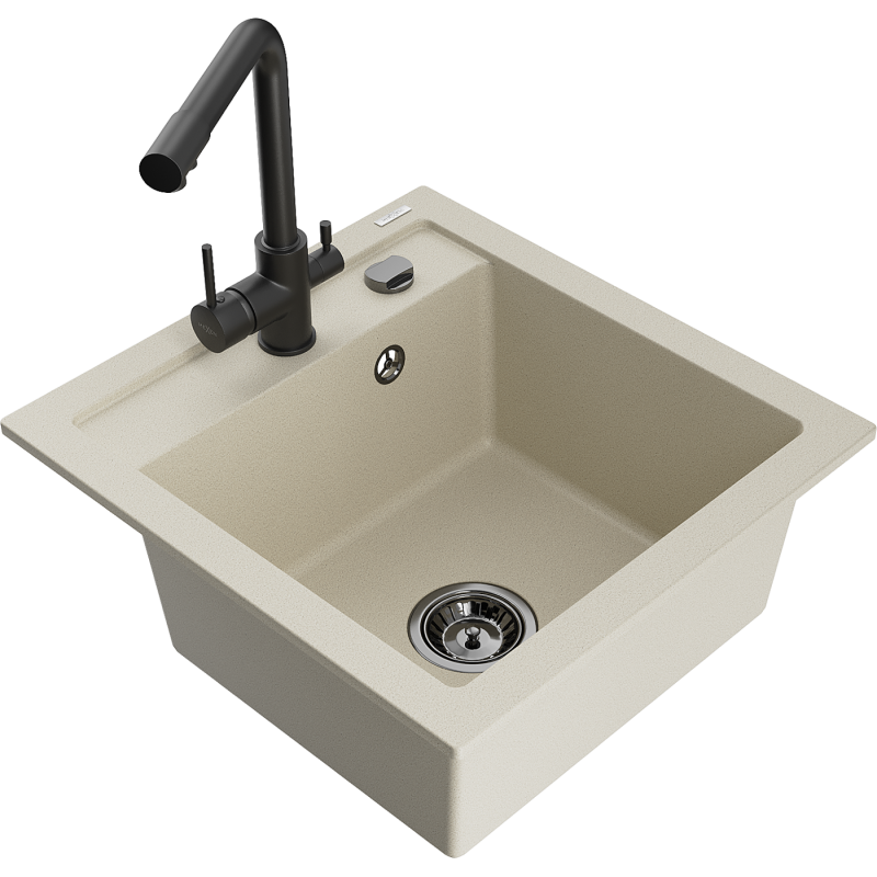 Mexen Vito 1-compartment granite sink with a kitchen mixer tap Duero, Beige - 6503-69-671600-70