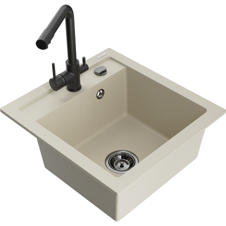 Mexen Vito 1-bowl granite sink with Duero kitchen faucet, beige - 6503-69-671600-70