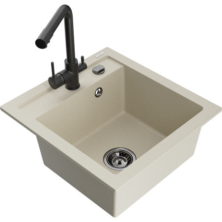 Mexen Vito 1-bowl granite sink with Duero kitchen tap, beige - 6503-69-671600-70