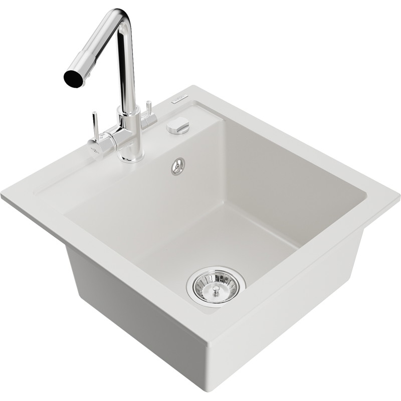 Mexen Vito 1-bowl granite sink with Duero kitchen faucet, white - 6503-20-671600-00