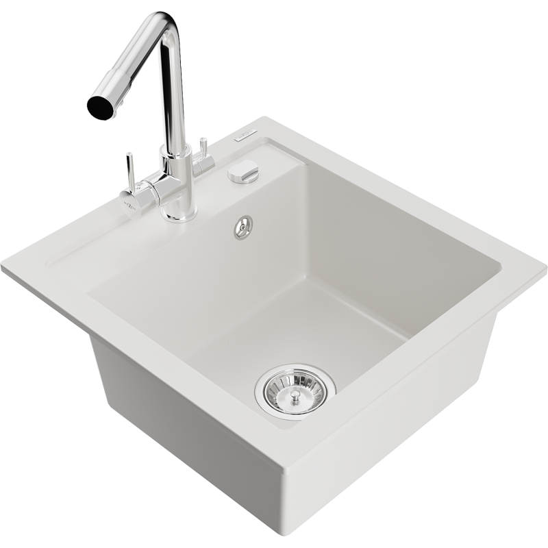 Mexen Vito 1-compartment granite sink with a kitchen mixer tap Duero, White - 6503-20-671600-00