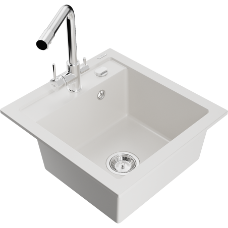 Mexen Vito 1-bowl granite sink with Duero kitchen faucet, white - 6503-20-671600-00