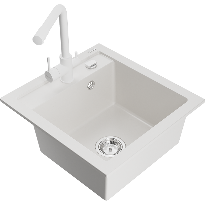 Mexen Vito 1-compartment granite sink with a kitchen mixer tap Duero, White - 6503-20-671600-20