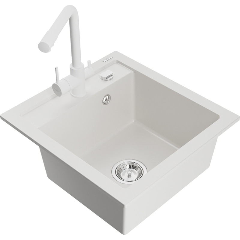 Mexen Vito granite single-bowl sink with Duero kitchen faucet, white - 6503-20-671600-20