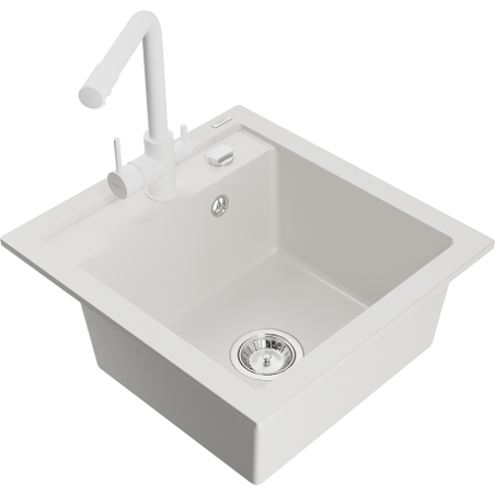 Mexen Vito 1-bowl granite sink with Duero kitchen tap, white - 6503-20-671600-20