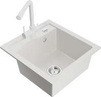 Mexen Vito 1-bowl granite sink with Duero kitchen tap, white - 6503-20-671600-20