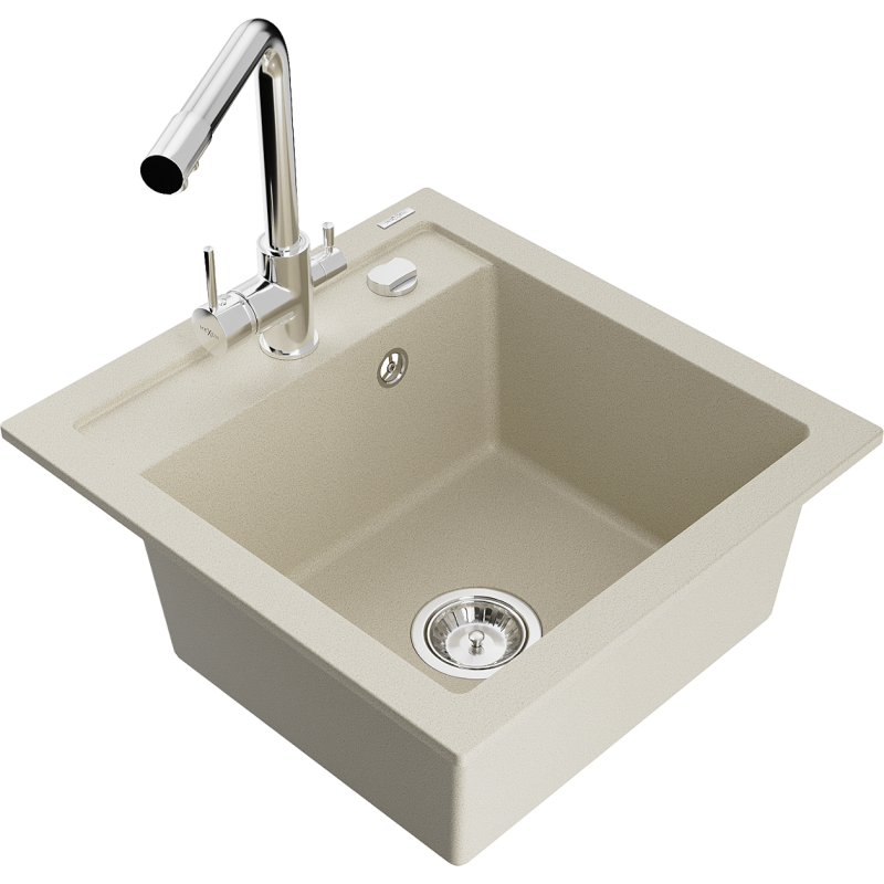 Mexen Vito 1-bowl granite sink with Duero kitchen mixer tap, beige - 6503-69-671600-00