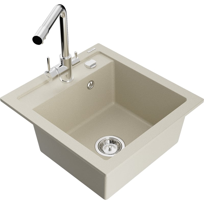 Mexen Vito granite kitchen sink 1-bowl with Duero kitchen faucet, beige - 6503-69-671600-00