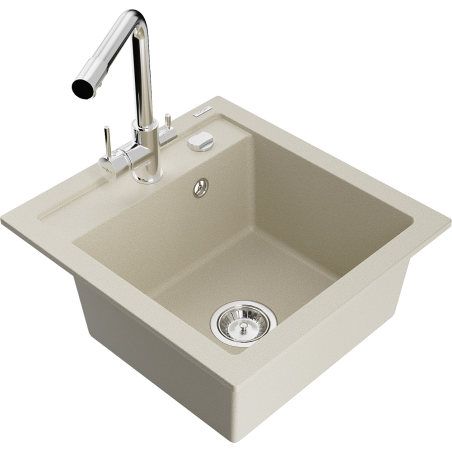 Mexen Vito 1-bowl granite sink with Duero kitchen mixer tap, beige - 6503-69-671600-00