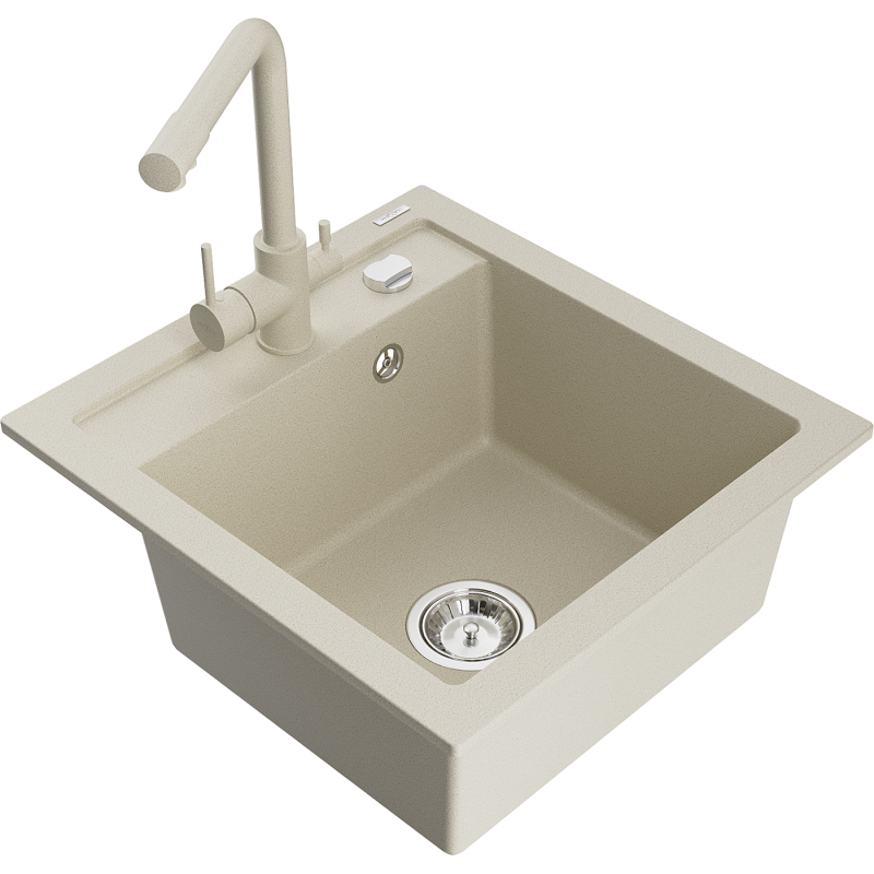 Mexen Vito 1-bowl granite kitchen sink with Duero tap, beige - 6503-69-671600-69