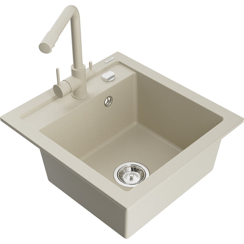 Mexen Vito granite kitchen sink 1-bowl with Duero kitchen faucet, beige - 6503-69-671600-69