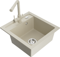 Mexen Vito granite kitchen sink 1-bowl with Duero kitchen faucet, beige - 6503-69-671600-69