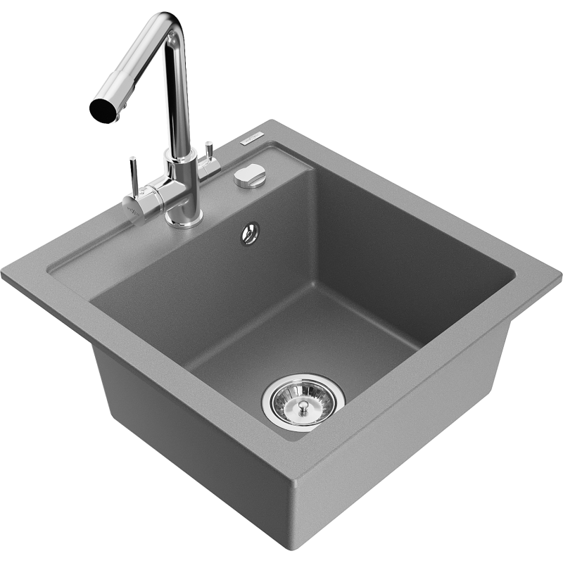 Mexen Vito 1-compartment granite sink with a kitchen mixer tap Duero, Grey - 6503-71-671600-00