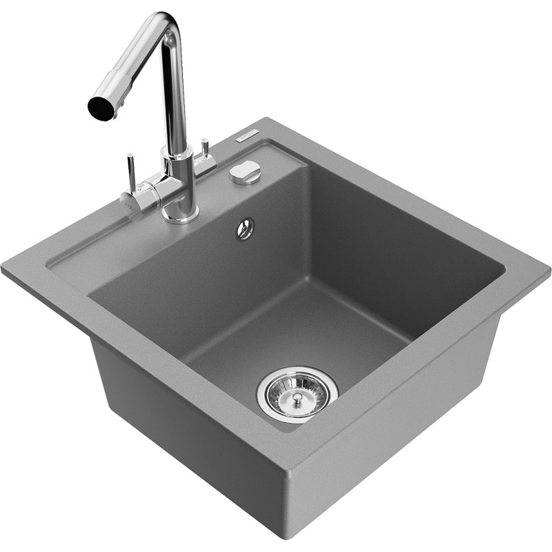 Mexen Vito granite kitchen sink 1-bowl with Duero kitchen faucet, gray - 6503-71-671600-00
