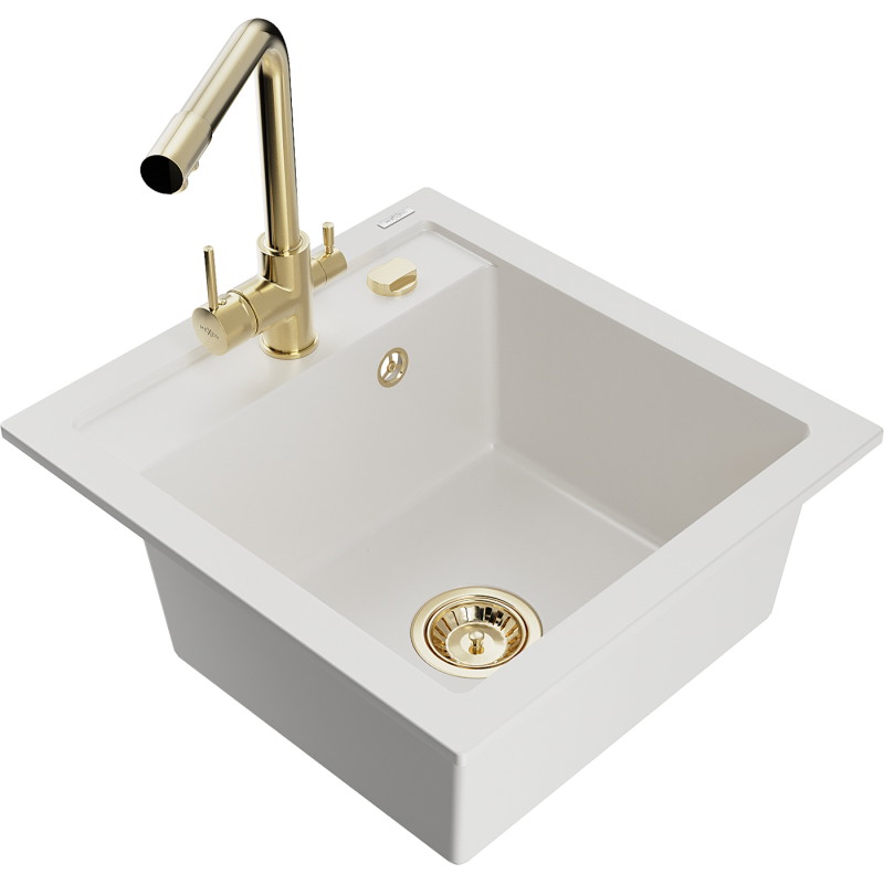 Mexen Vito 1-Chamber Granite Sink with Duero Kitchen Faucet, White - 6503-20-671600-50