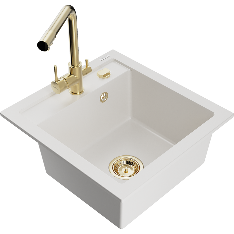 Mexen Vito 1-compartment granite sink with a kitchen mixer tap Duero, White - 6503-20-671600-50