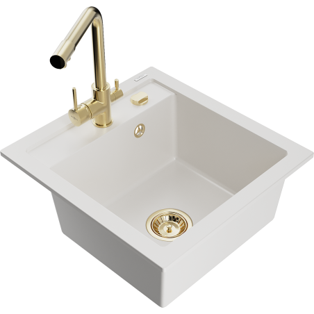 Mexen Vito 1-compartment granite sink with a kitchen mixer tap Duero, White - 6503-20-671600-50