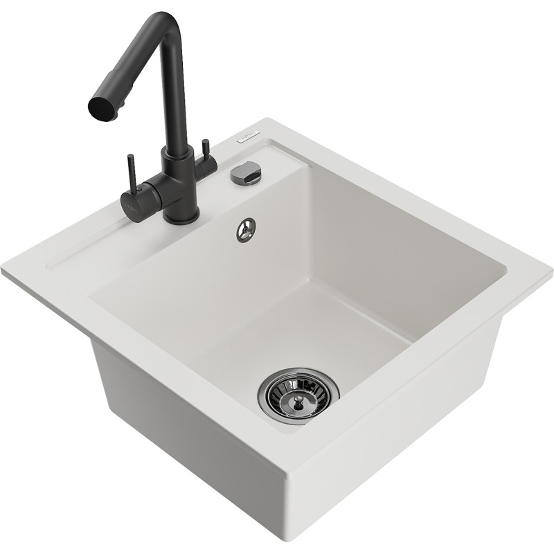 Mexen Vito 1-bowl granite sink with Duero kitchen faucet, white - 6503-20-671600-70