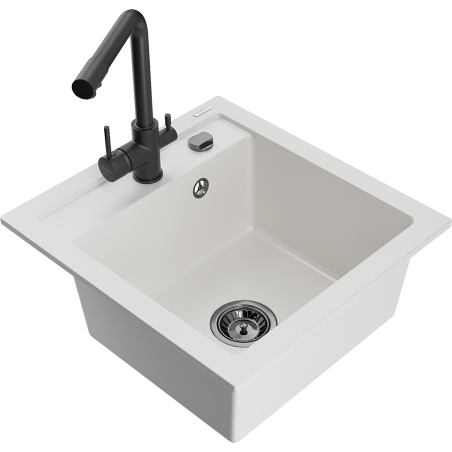 Mexen Vito 1-bowl granite sink with Duero kitchen faucet, white - 6503-20-671600-70