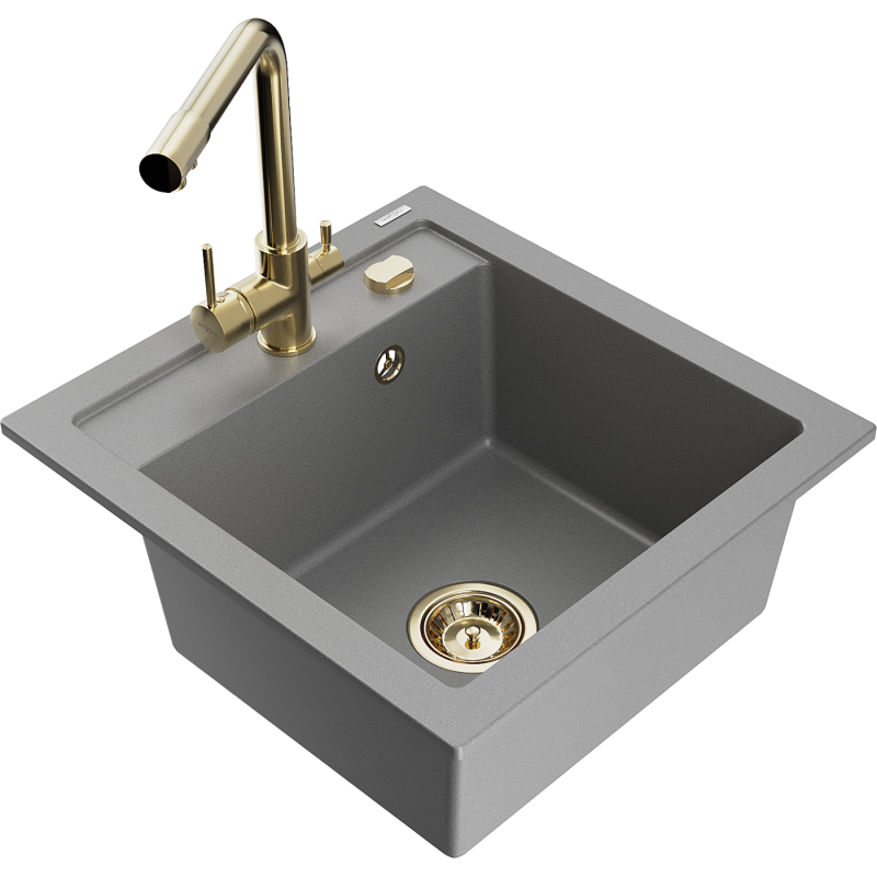 Mexen Vito 1-compartment granite sink with a kitchen mixer tap Duero, Grey - 6503-71-671600-50