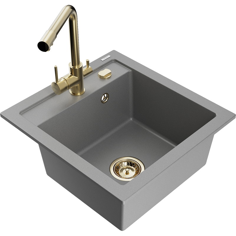 Mexen Vito granite sink 1-bowl with Duero kitchen faucet, gray - 6503-71-671600-50