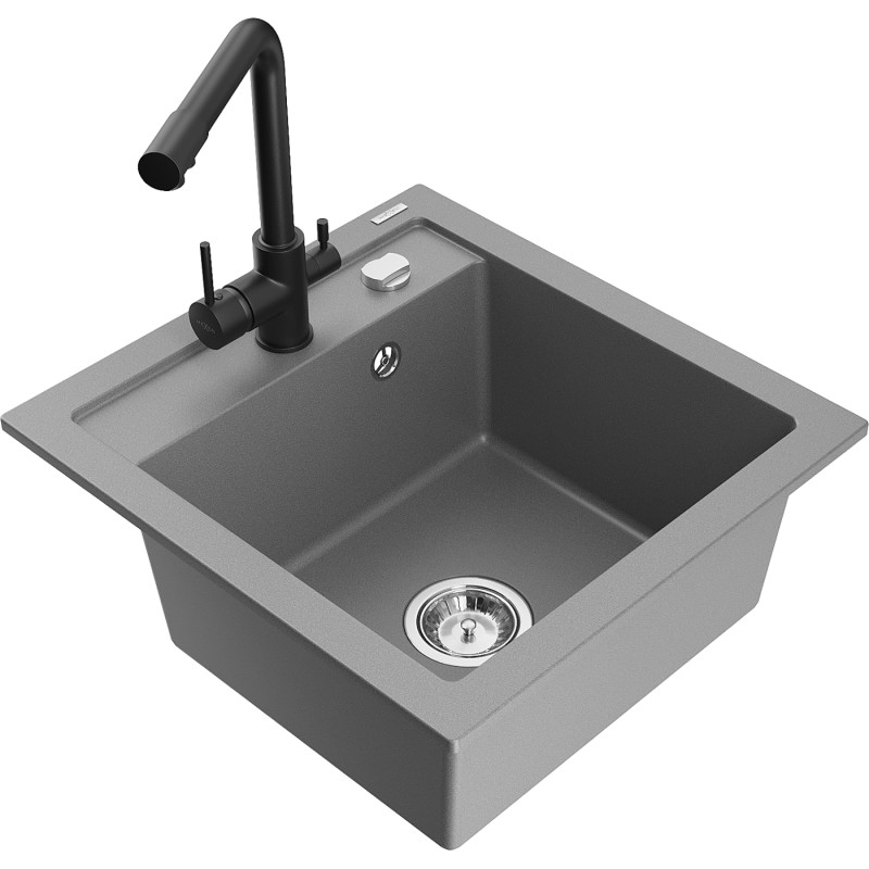 Mexen Vito 1-Bowl Granite Sink with Duero Kitchen Faucet, Gray - 6503-71-671600-70