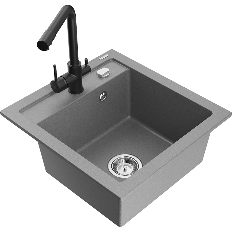 Mexen Vito granite sink 1-bowl with Duero kitchen tap, grey - 6503-71-671600-70