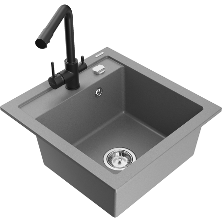 Mexen Vito 1-Bowl Granite Sink with Duero Kitchen Faucet, Gray - 6503-71-671600-70