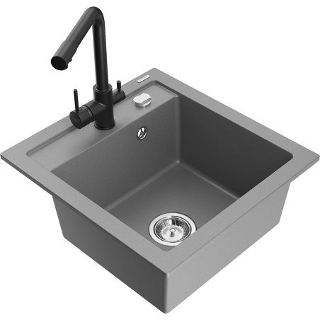 Mexen Vito granite sink 1-bowl with Duero kitchen tap, grey - 6503-71-671600-70