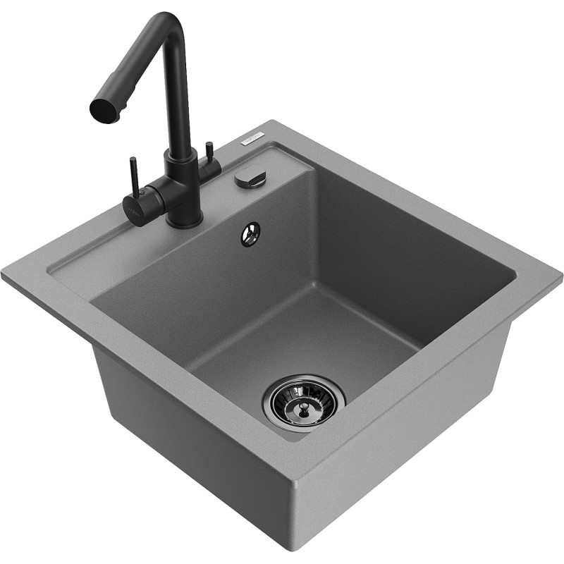 Mexen Vito 1-bowl granite kitchen sink with Duero kitchen faucet, gray - 6503-71-671600-70-B