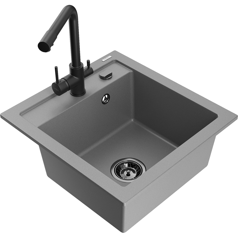 Mexen Vito 1-compartment granite sink with a kitchen mixer tap Duero, Grey - 6503-71-671600-70-B