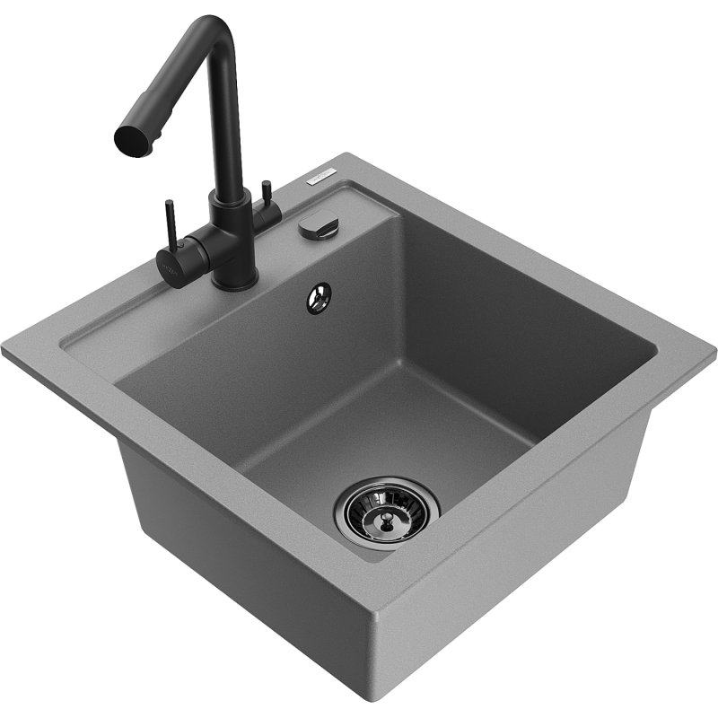 Mexen Vito granite sink 1-bowl with Duero kitchen tap, grey - 6503-71-671600-70-B