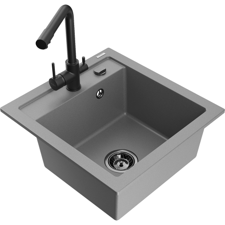 Mexen Vito granite sink 1-bowl with Duero kitchen tap, grey - 6503-71-671600-70-B