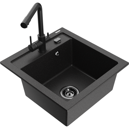 Mexen Vito 1-bowl granite kitchen sink with Duero kitchen faucet, black/silver metallic - 6503-73-671600-70-B