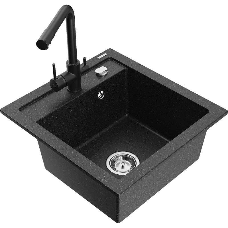 Mexen Vito 1-bowl granite sink with Duero kitchen tap, black/silver metallic - 6503-73-671600-70