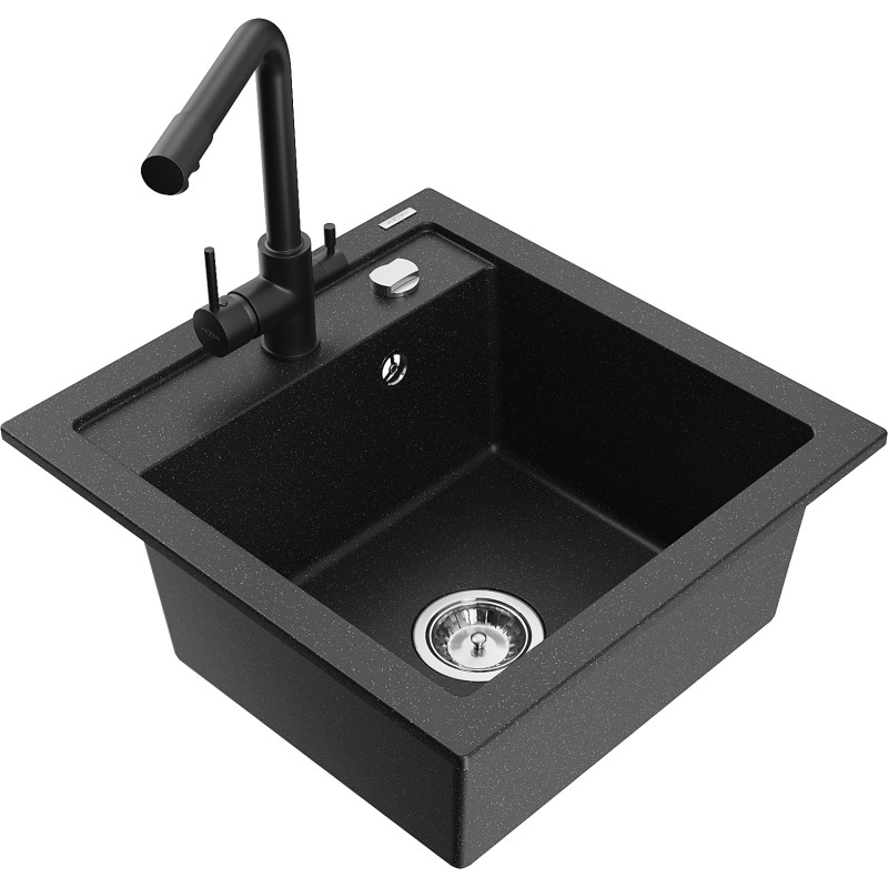 Mexen Vito granite kitchen sink 1-bowl with kitchen faucet Duero, black/silver metallic - 6503-73-671600-70