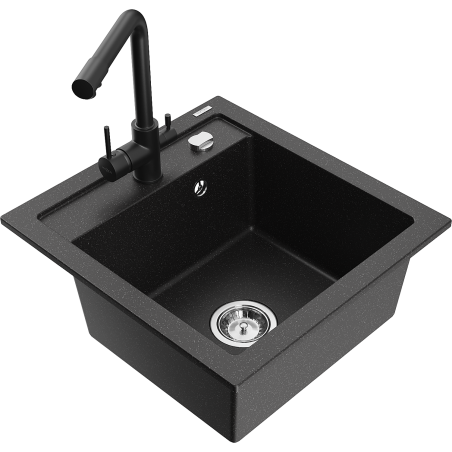 Mexen Vito granite kitchen sink 1-bowl with kitchen faucet Duero, black/silver metallic - 6503-73-671600-70