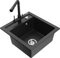 Mexen Vito granite kitchen sink 1-bowl with kitchen faucet Duero, black/silver metallic - 6503-73-671600-70