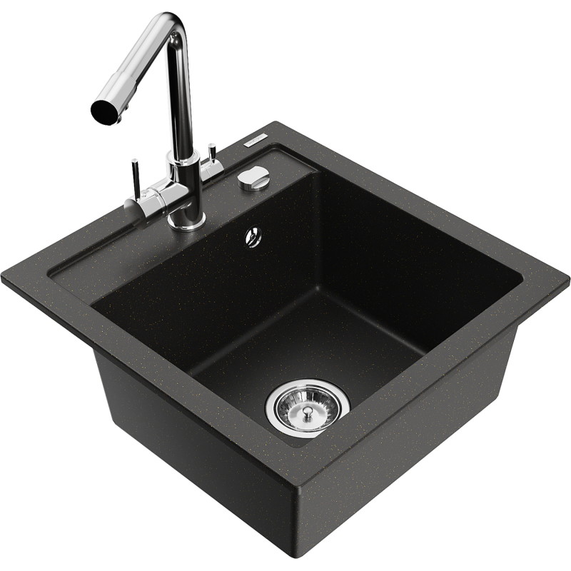 Mexen Vito granite kitchen sink 1-bowl with Duero kitchen faucet, black/gold metallic - 6503-75-671600-00