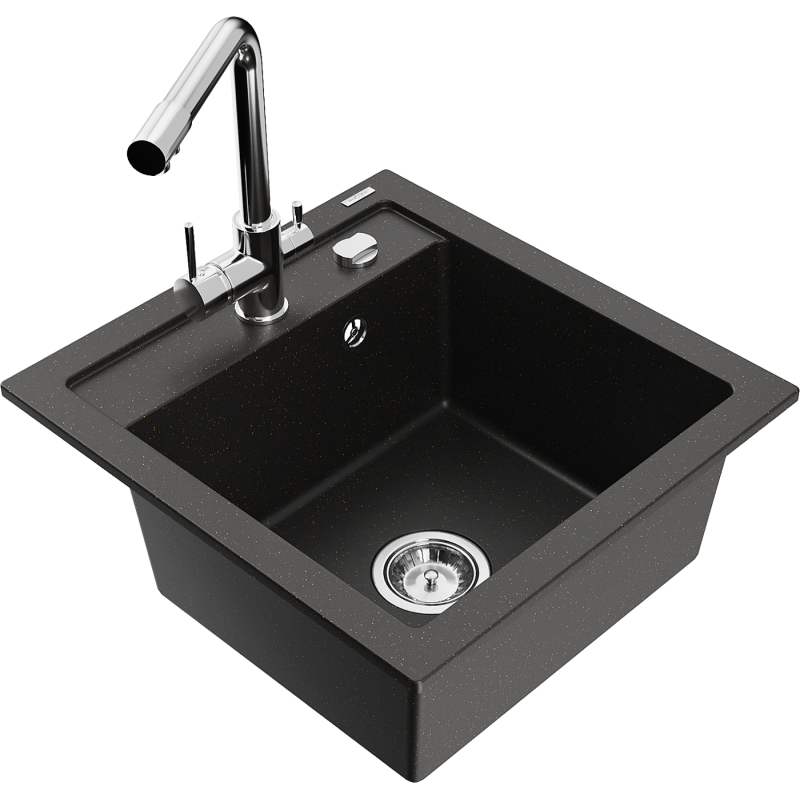 Mexen Vito Granite Sink 1-Bowl with Duero Kitchen Tap, Black/Gold Metallic - 6503-75-671600-00