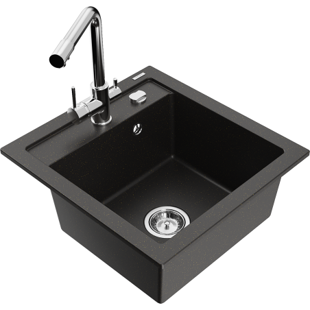 Mexen Vito granite kitchen sink 1-bowl with Duero kitchen faucet, black/gold metallic - 6503-75-671600-00