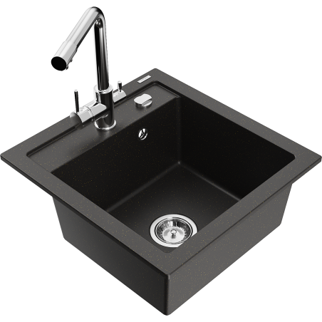 Mexen Vito Granite Sink 1-Bowl with Duero Kitchen Tap, Black/Gold Metallic - 6503-75-671600-00