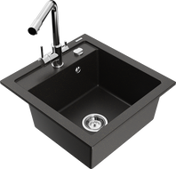 Mexen Vito Granite Sink 1-Bowl with Duero Kitchen Tap, Black/Gold Metallic - 6503-75-671600-00