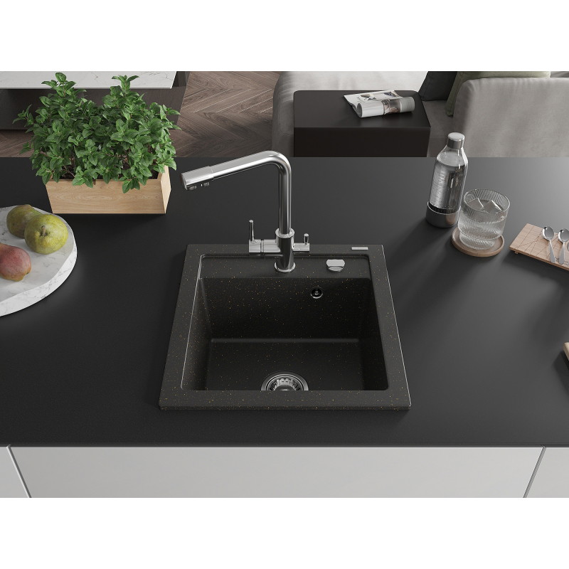 Mexen Vito granite kitchen sink 1-bowl with Duero kitchen faucet, black/gold metallic - 6503-75-671600-00