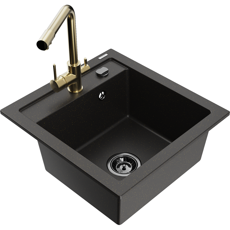 Mexen Vito 1-bowl granite kitchen sink with Duero tap, black/gold metallic - 6503-75-671600-50-B