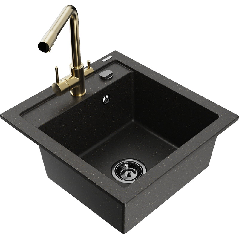 Mexen Vito granite kitchen sink 1-bowl with Duero kitchen faucet, black/gold metallic - 6503-75-671600-50-B